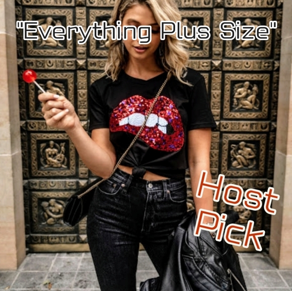 1 left!New Sexy Sequin Bite My Lip Graphic T-Shirt - Picture 5 of 7